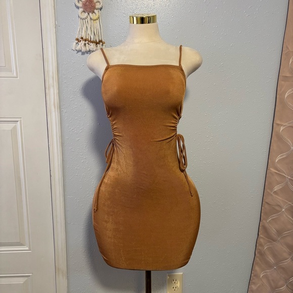 Love J Ribbed Brown Spaghetti Strap Mini Dress - Picture 1 of 4
